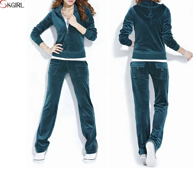 wholesale custom plain Velour Hoodie Sweat Suits set velvet tracksuits for women Sport