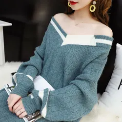Осень 2020 новый корейский вариант свободного колена женский свитер в длинном параграфе свежий v-образным вырезом пуловер платье