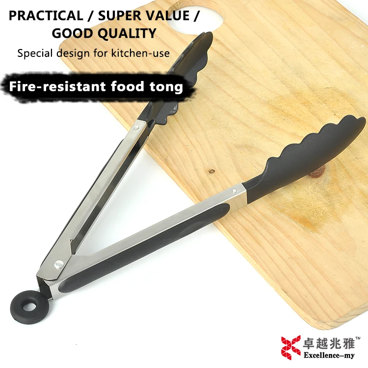 9 Inch 289 food grade Nylon tweezer shaped Stainless Steel Material kitchen utensils Nylon Head Tongs