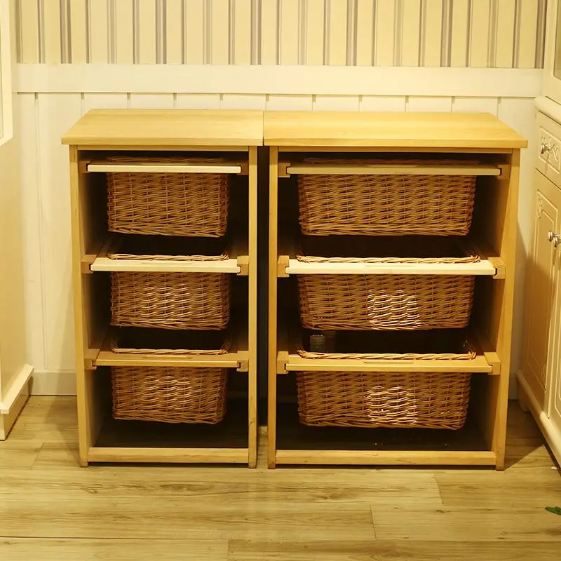 Cheap Manual Wicker Basket Drawers With Handle Wooden Cabinet For Home Storage