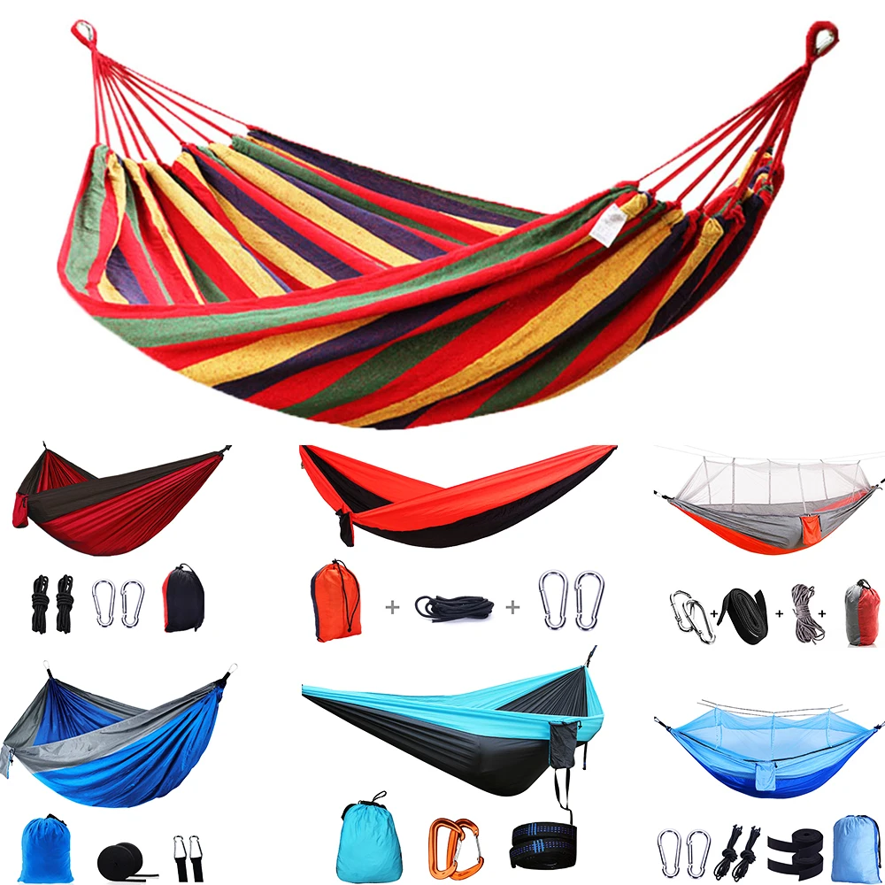 Outdoor Parachute portable leisure time double layer camping hammock Custom logo rainbow stripe sleeping swing bed hammock