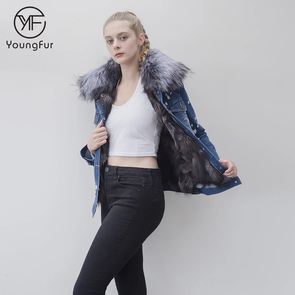 Best selling top fashion winter denim jacket with fur collar and silver fox fur liner