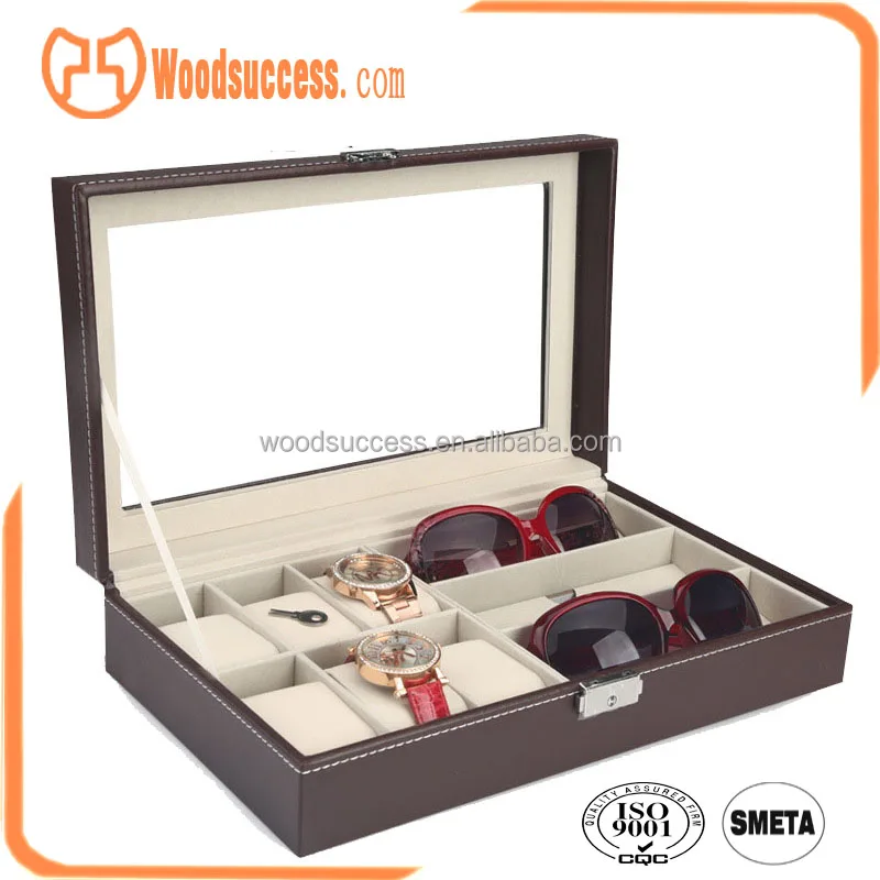 wholesale custom Cheap Wooden Box Black leather glasses case watch storage box display case with glass top