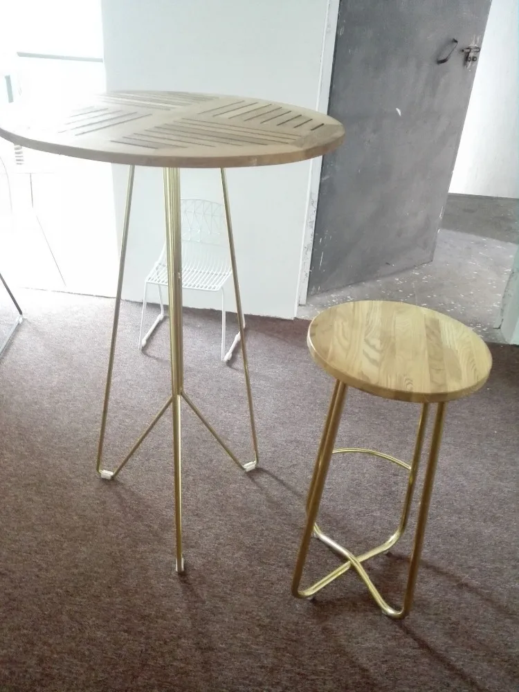Ash wood top gold plating metal frame bar table for wedding and event