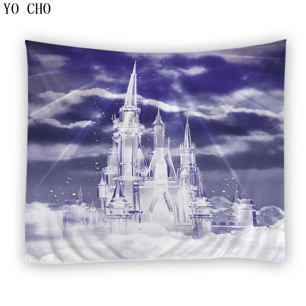 
YO CHO Wholesale polyester wall hanging tapestry with fantasy castles tree ice palace 3d jacquard rectangle cloth wall carpet 