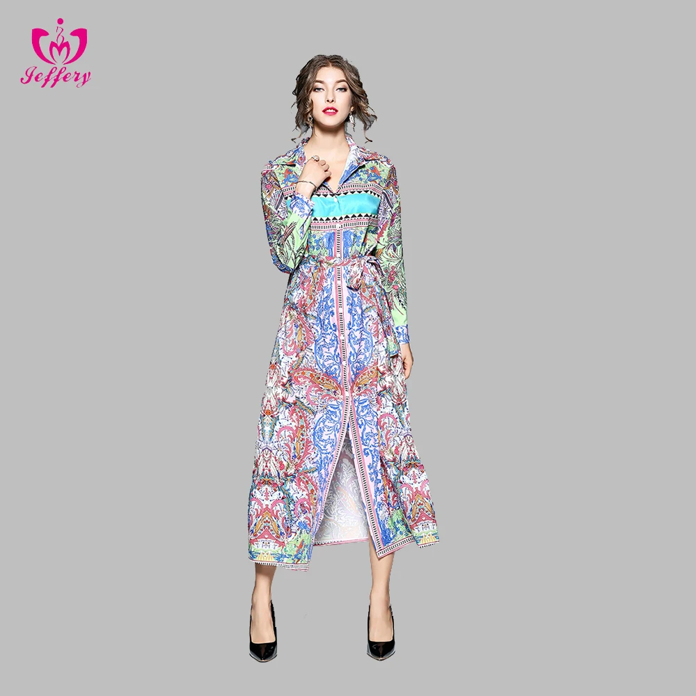 Latest fashion lapel printing ladies dresses for party