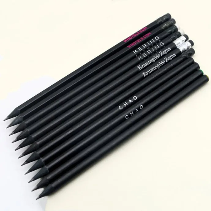Wooden Pencil Office School Supplies Pencils Set Wood with Eraser Customized Round Loose OEM Logo Printing Hot Sale Black