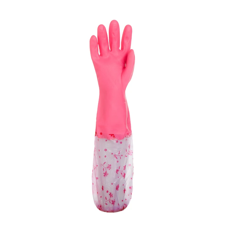 Winter warm fancy cotton lined colored kitchen long sleeve household glovelies extra long rubber gloves