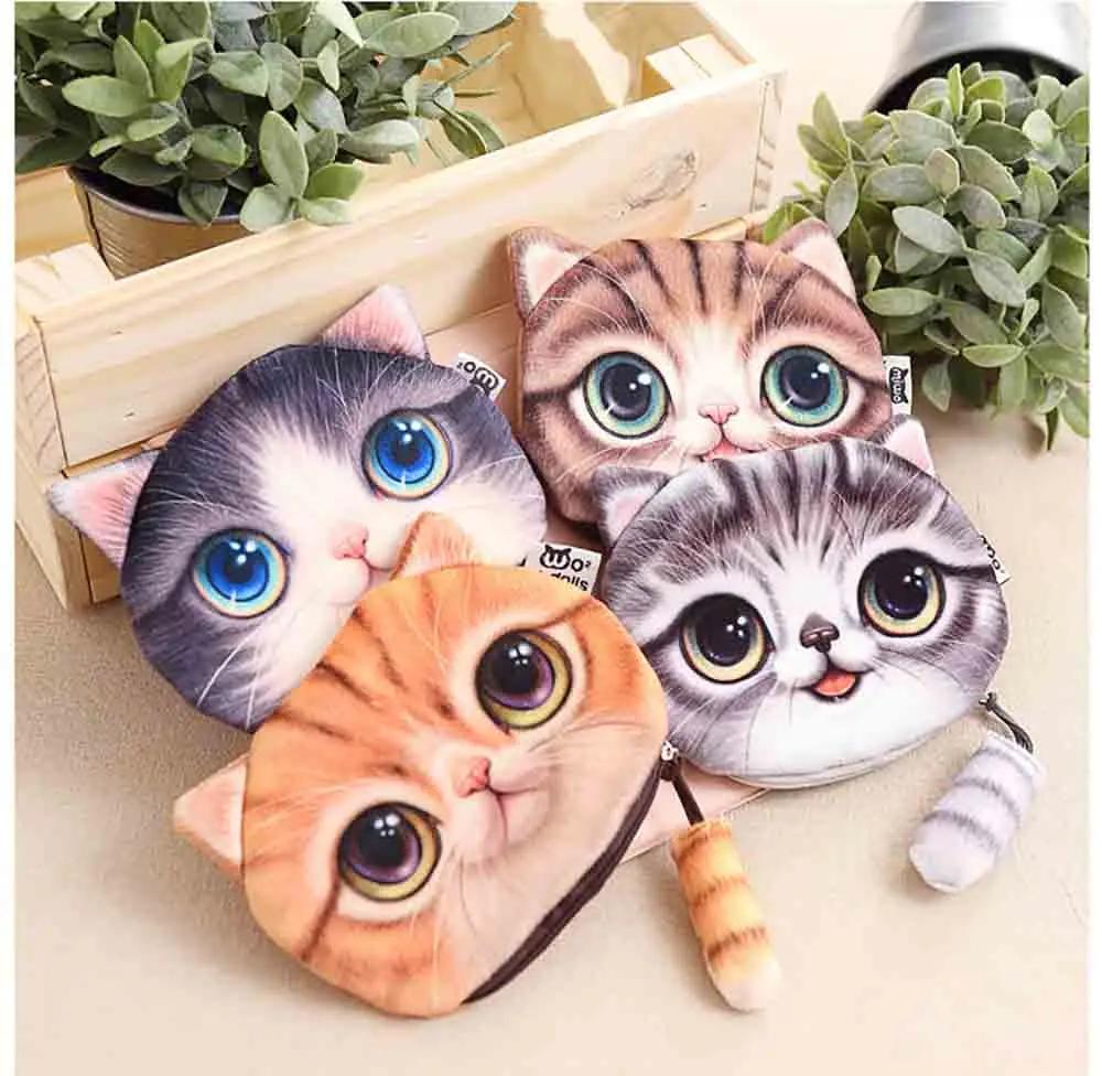 3D Printing Plush Cat Face Coin Wallet Purse Zipper Makeup Pouch