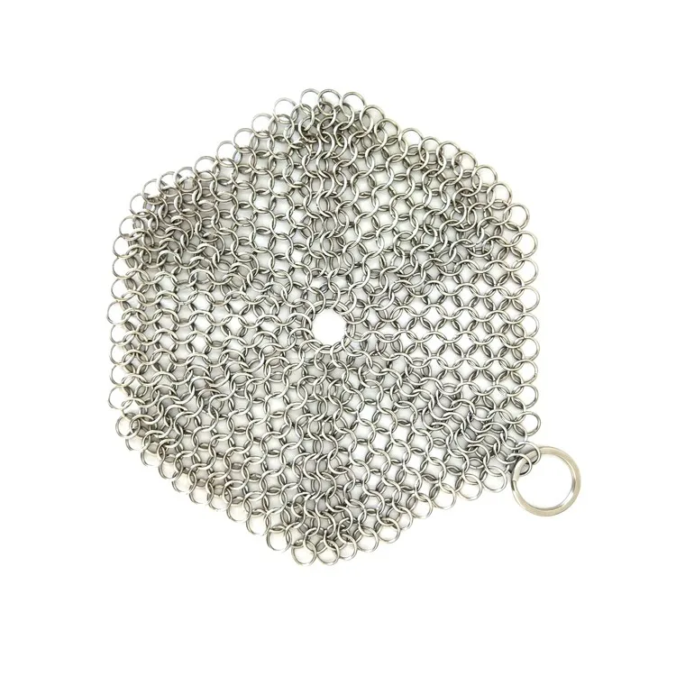 Stainless Steel Kitchen Tool Cleaning Cast Iron with Chain Mail Scrubber With Hollow Silicone Rubber Pad