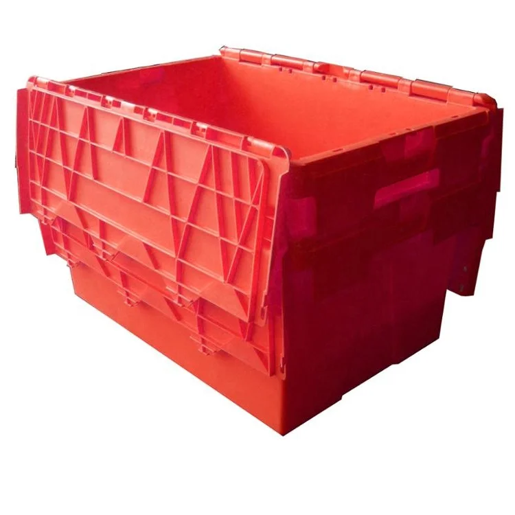 Plastic moving home warehouse crate Attached lid container for packaging and transportation