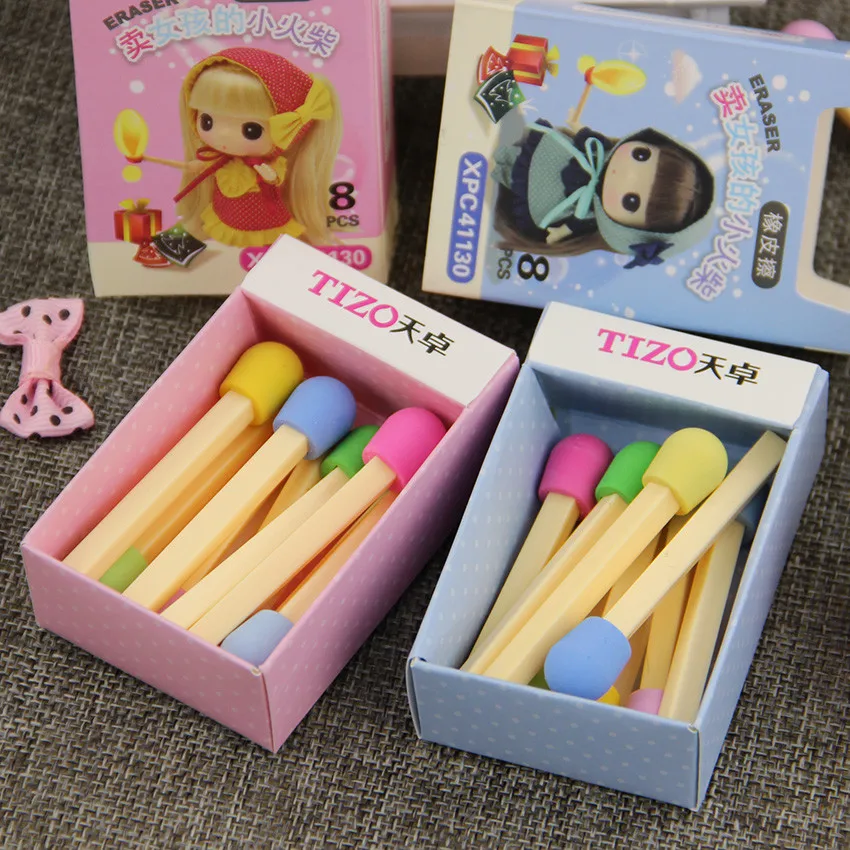 HOT 8PCS/pack Matches Eraser Rubber for Pencil Cute Stationery Novelty Erasers Student Learning Office Supplies
