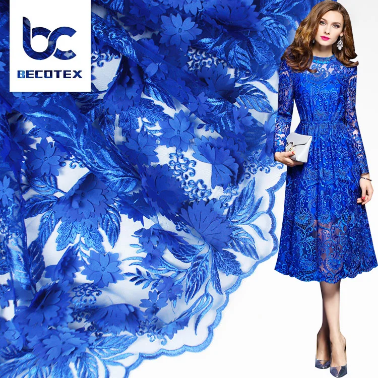 Elegant 3d flower beaded bridal lace royal blue 3d lace fabric