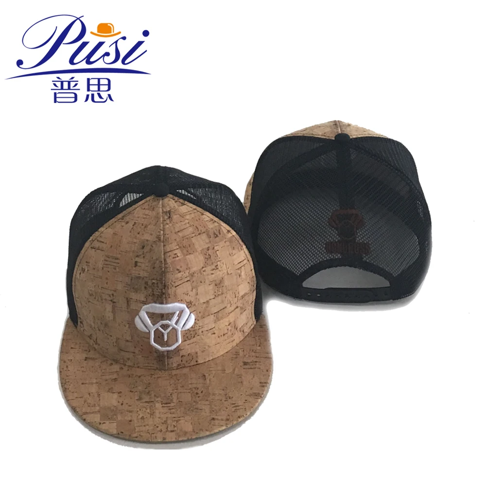 Wholesale Custom 6 Panel PU leather Brim Wood Snapback Hat Cork Cap