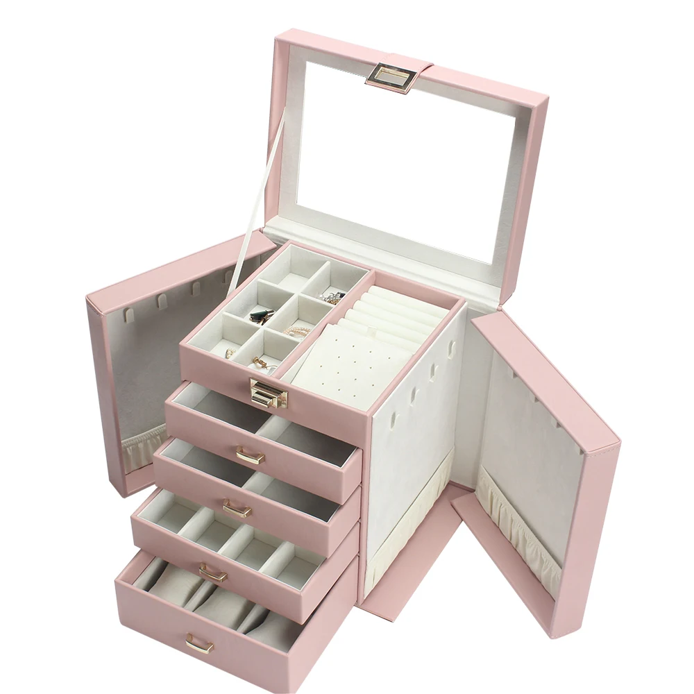 Luxury wholesale custom logo tall jewelry made blue pink gift storage leather big large jewellery box case