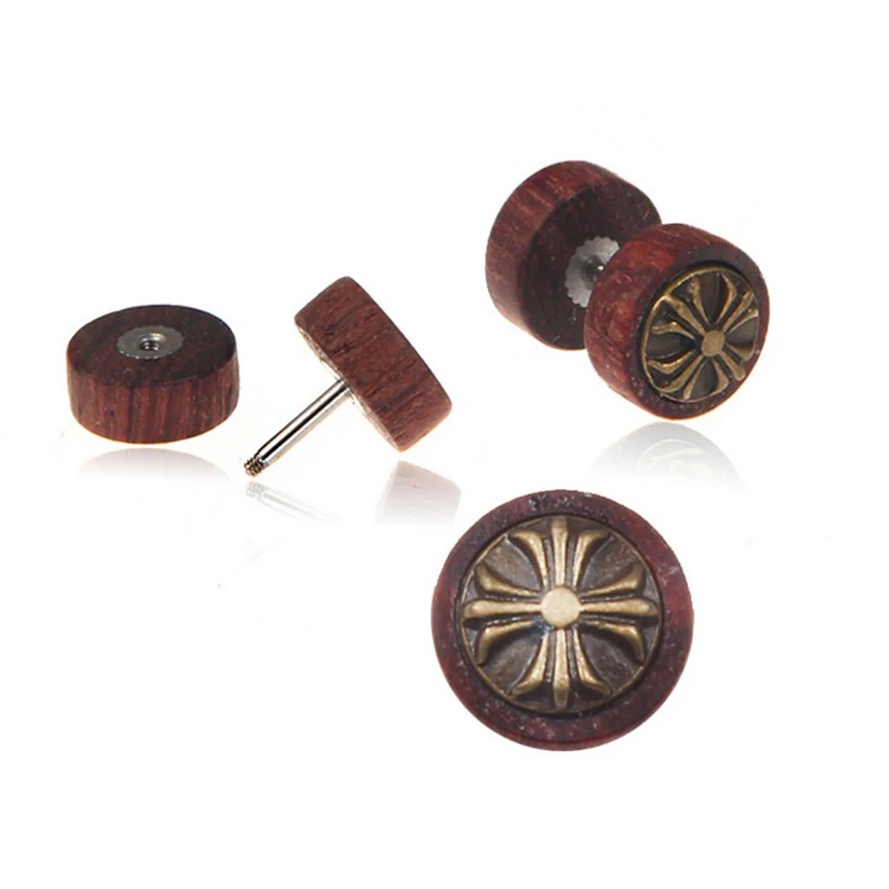 Round Skull Korean Ear Stud Wholesale Wood Earring For Men