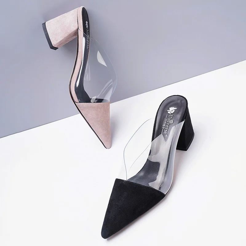 J094 pointed toe mules shoes women heels kid suede ladies slippers