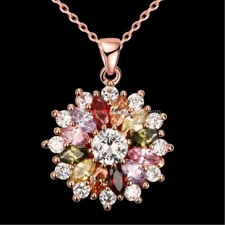 
wholesale retail Hermosa Jewelry Necklace Rose Gold Plated Multi Colored Zircon Flower Pendant free shipping 