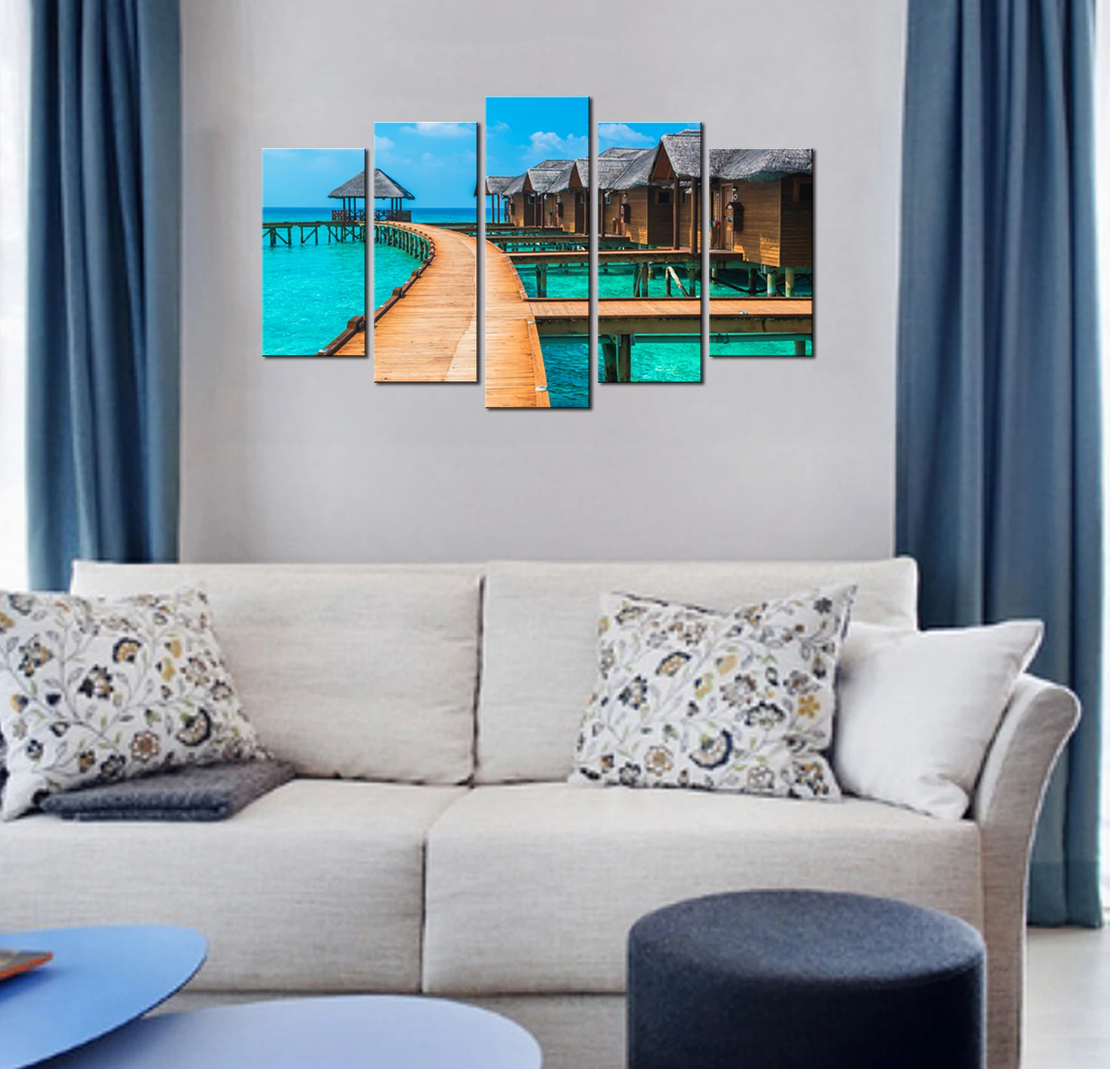 Украшение для дома и офиса, настенное искусство с деревянной рамкой, 5 шт., скала над голубым океаном, пейзаж, Картина на холсте, картина маслом