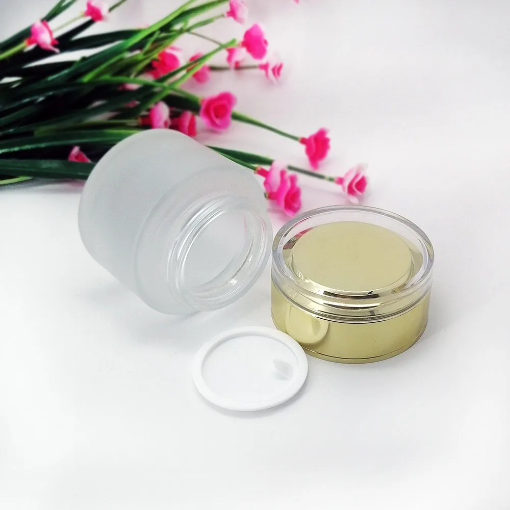 50g glass frosting cream empty bottle with acrylic gold lid Cosmetic glass jar Skin care packaging container