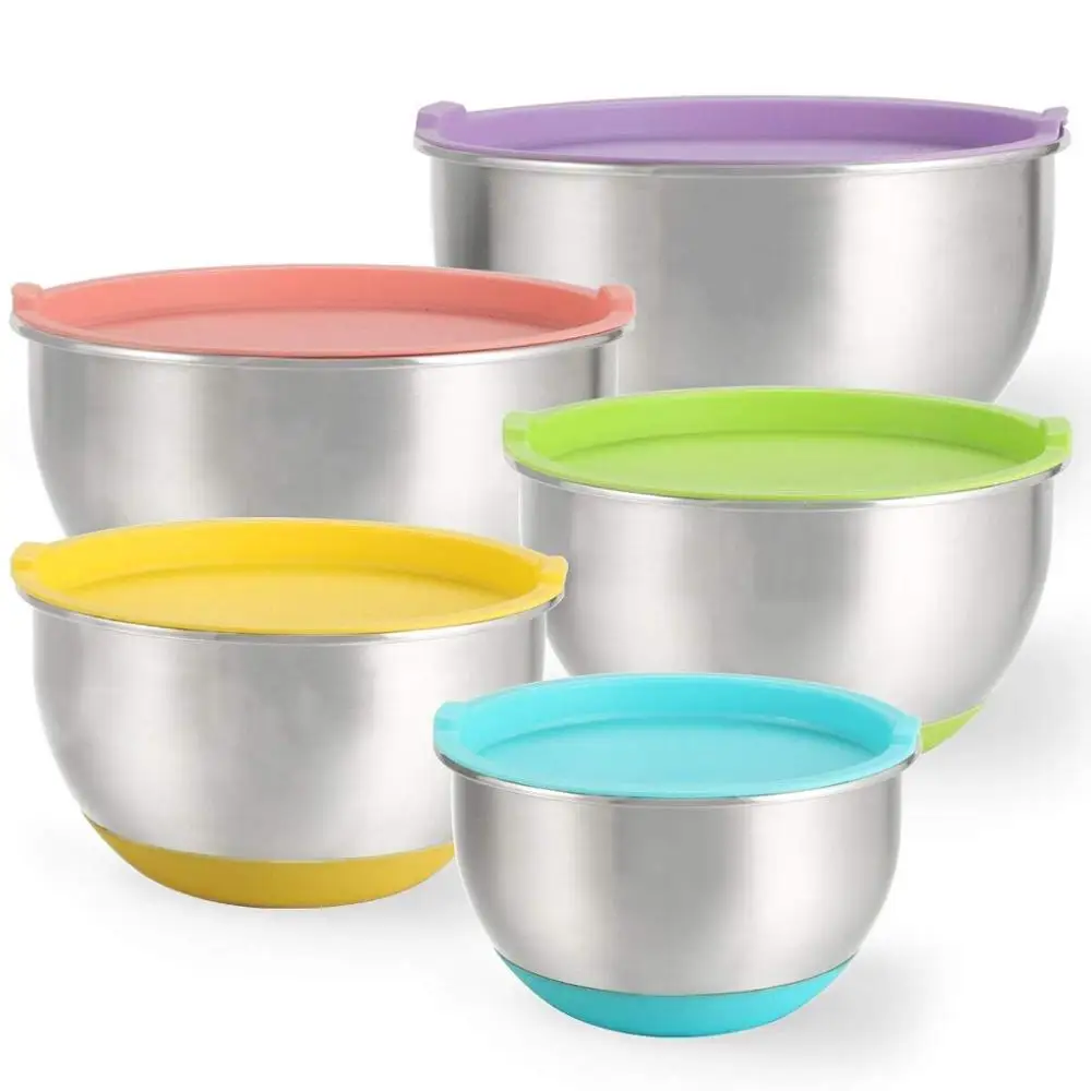 
5 Piece Stainless Steel Mixing snack mixing bowl set with Colorful Lids 