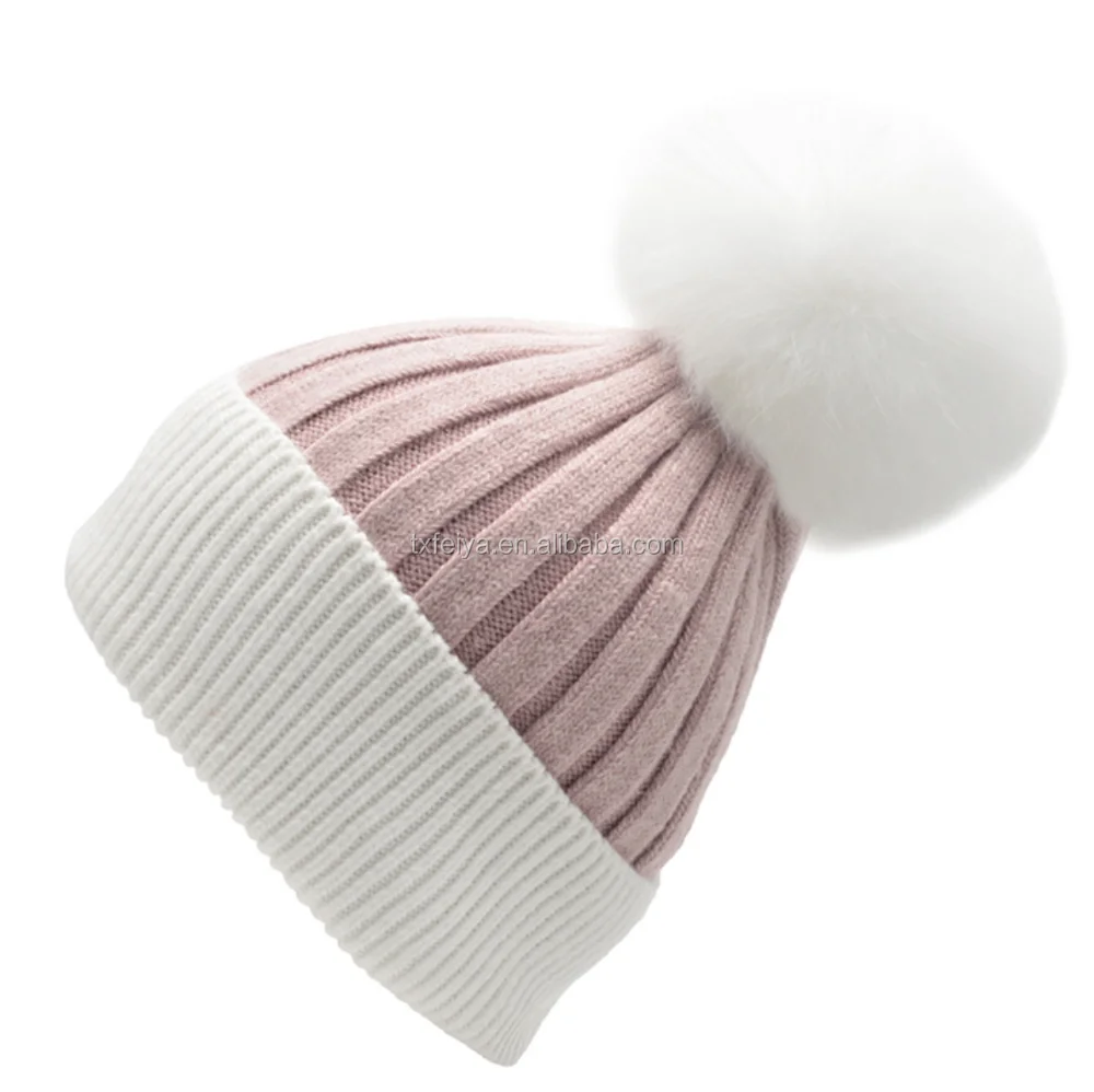 Wholesale Crochet Knitted Wool Beanie Hat with Fox Fur Pom Pom