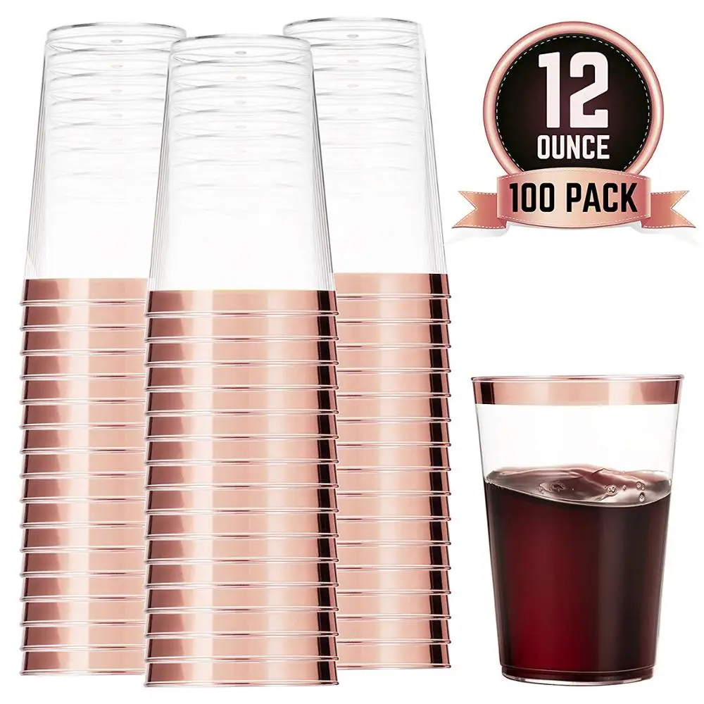 
100 Rose Gold Plastic Cups 12 Oz Clear Plastic Cups Tumblers Rose Gold Rimmed Fancy Disposable Wedding Cups 