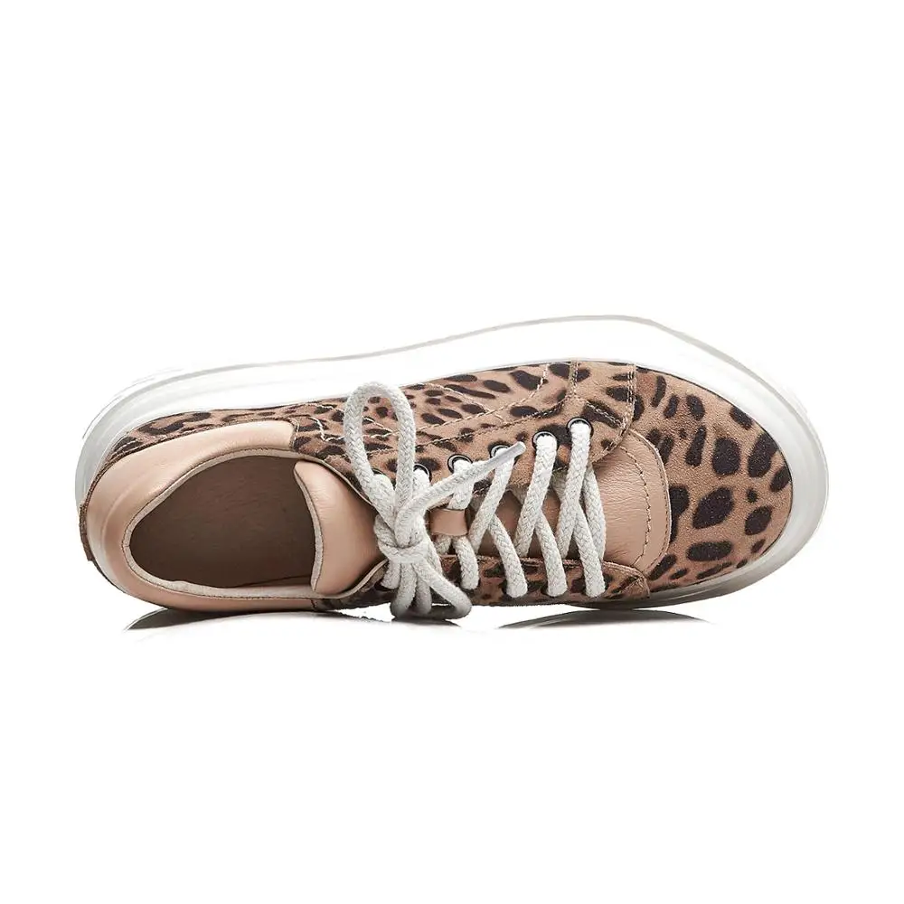 
MANRINO-0376 Unit Thick Sole Sports Shoes Lace Up Leopard Print Suede Upper Girls Fashion Sneakers 