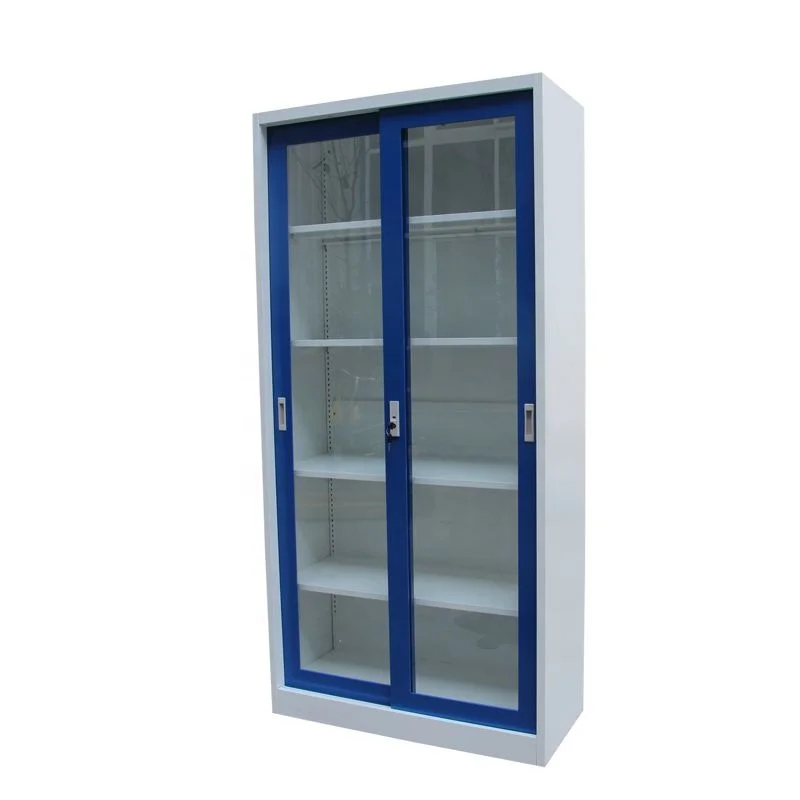 Hot Sale Steel Frame Glass Sliding Door Rolling Filing Cabinet with 4 Shelves Office Cupboards Design