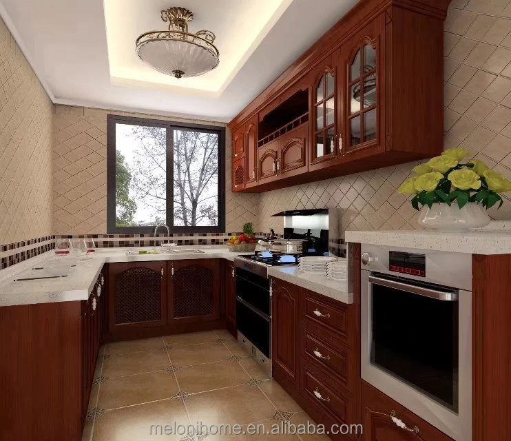 U-образная кухня из массива дерева, шейкер для кухни со стеклянной дверью, кухня из американского красного дуба