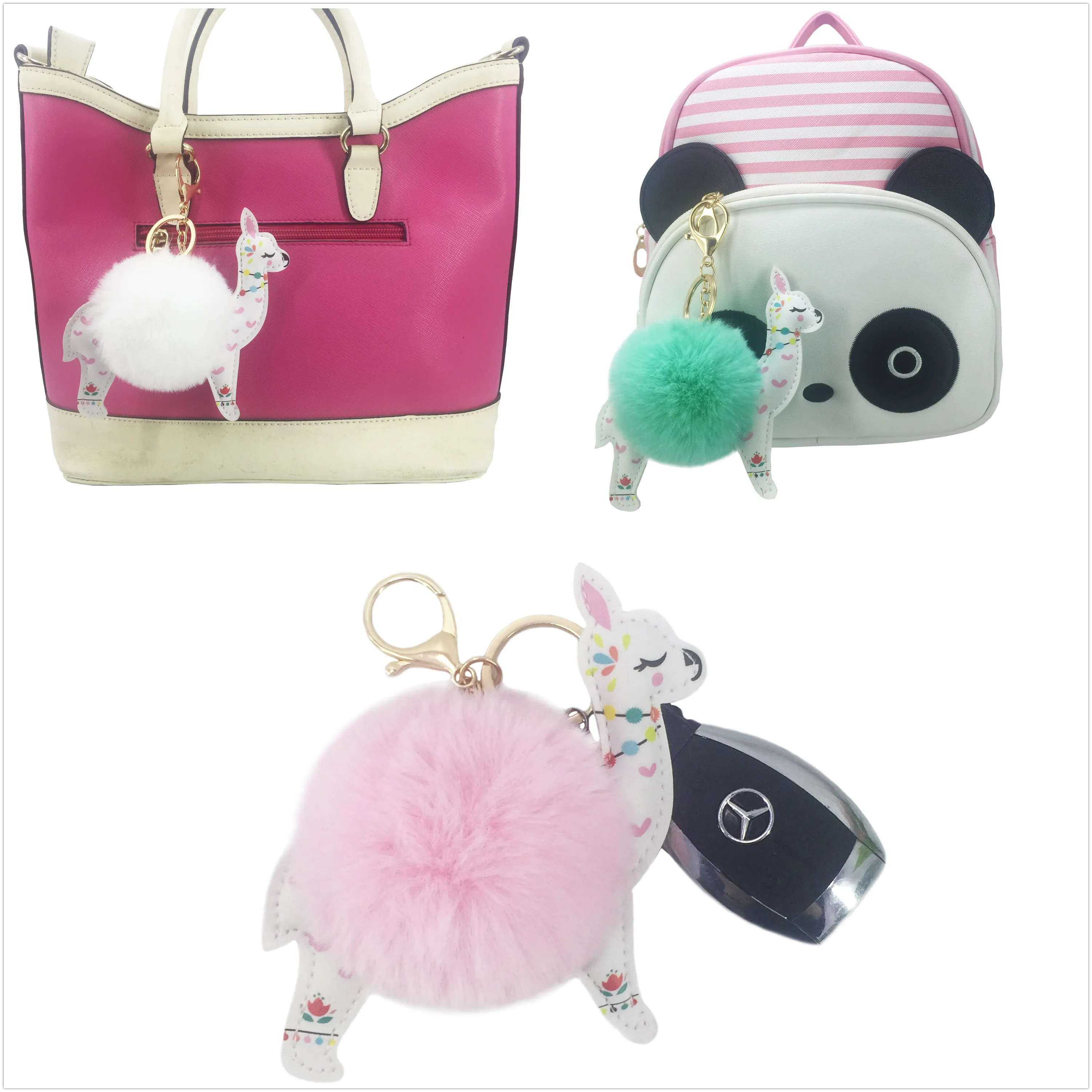 Wholesale Hot Sale Cartoon Pompom Alpaca Keychain for Bag Fur Ball Faux Fox Fur Ball Fluffy Pendant Keychain for Phone Custom