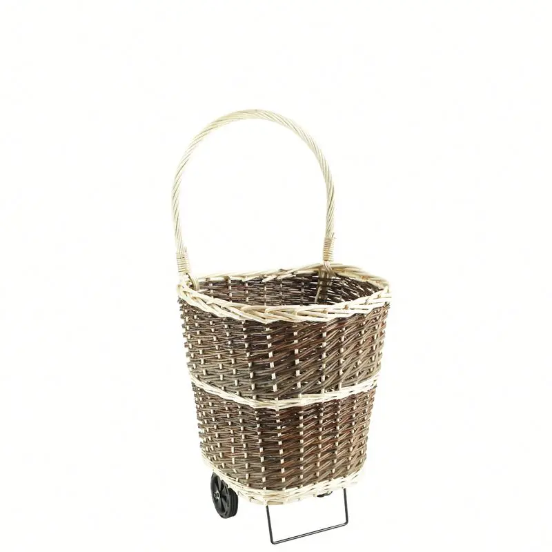 Round Willow Art Woven Fireplace Wood Basket With Wheel Trolley