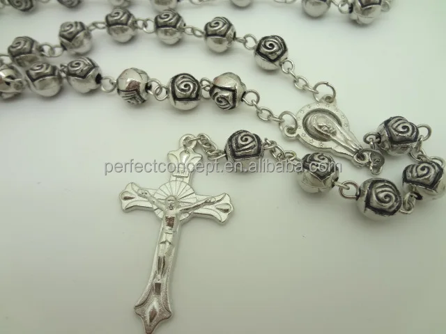 Wholesale Catholic cross pendant Silver color rose bead chain Rosary necklace