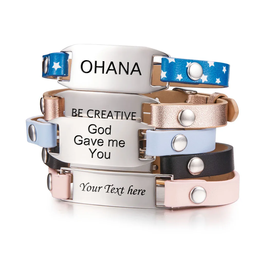 Engraving Customized Leather narrow wristband Cuff Bracelet Laser Engraved Bracelet Bangle Name ID Text Symbol for Men Women