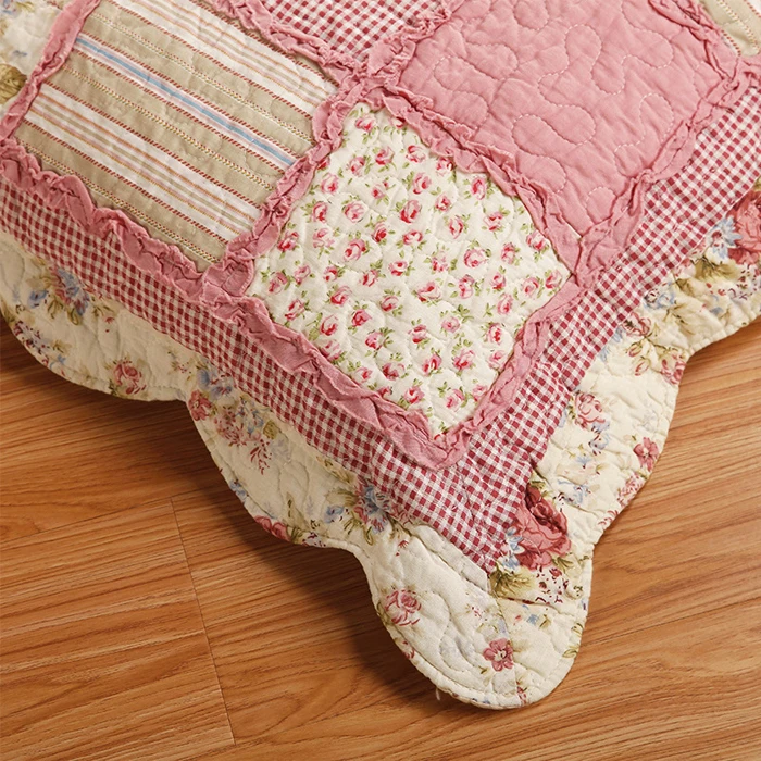 Full/Queen 3 Pcs Pink Country Floral Patchwork 100% Cotton Quilt Set Bedspread