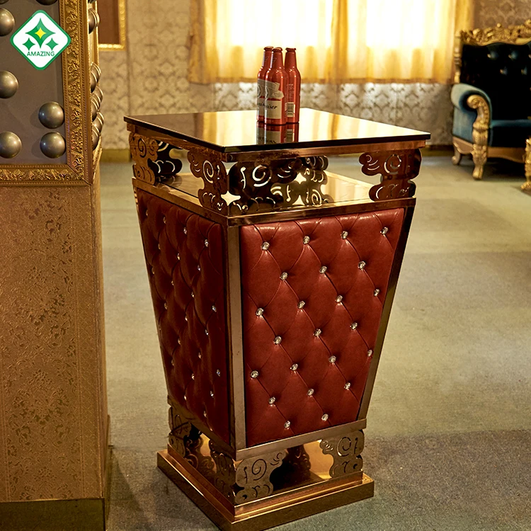 
French Style Baroque Home Bar Furniture Top Quality Portable High Top Party Square Top Leather Decorative Bar Table 