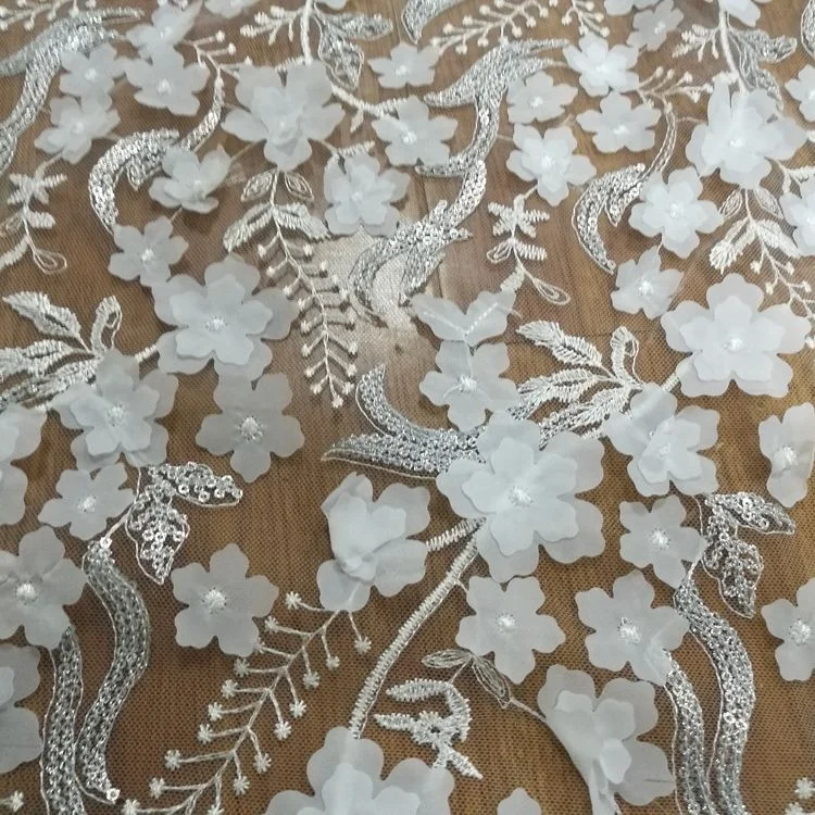 Wholesale White Double Layer 3D Flower Fancy Embroidery Lace Fabric Embroidery Textile For Wedding Dress
