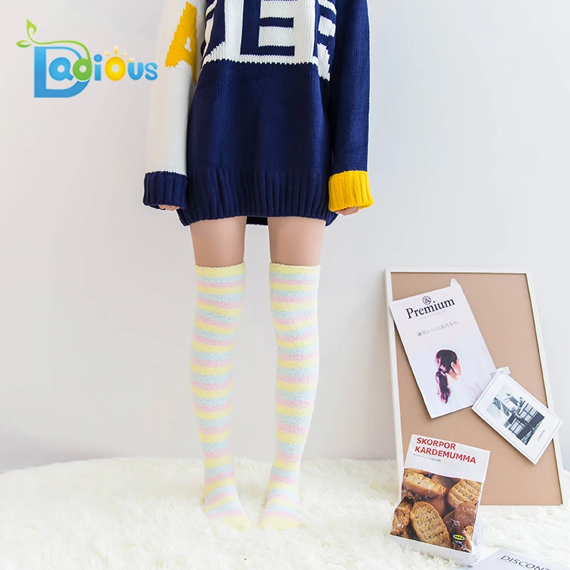 Original Cute Women Adult Stockings Hot Teen Girls Fuzzy Socks Knee socks Stripe Knee High Sock