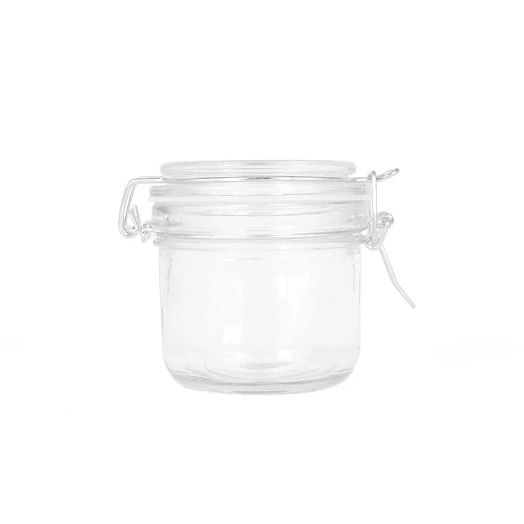 Wholesale empty 200ml clear glass seal pot clip top cap lid jar