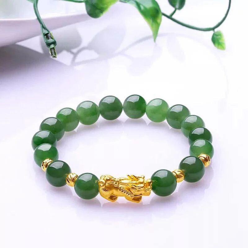 Chinese Styles Unisex Green Colorful Customized Beads Lucky 24k Gold Pixiu Bracelet