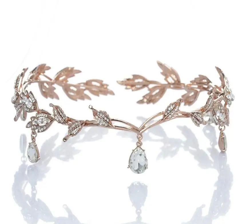 WIIPUCrystal Crown Bridal Hair Accessory Wedding Rhinestone Waterdrop Leaf Tiara Crown Headband Frontlet Bridesmaid Hair Jewelry