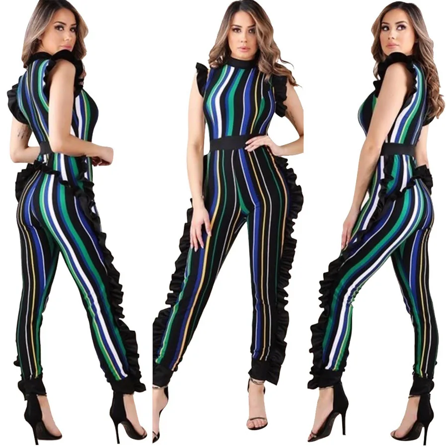 Sexy club bodycon  rompers womens jumpsuit ruffle skinny striped print slim casual overalls jumpsuits combinaison femme Y11849