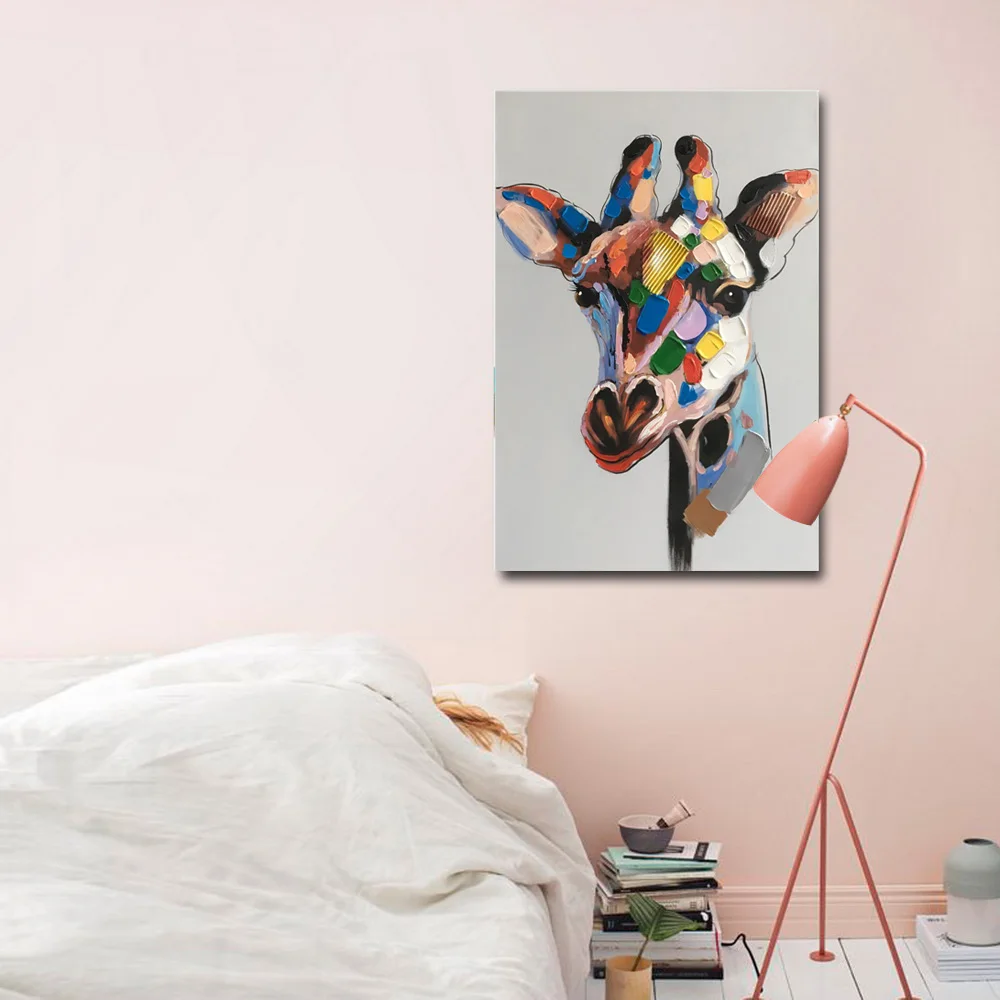 Modern Artwork Sale  Wall Art Cartoon Animal Giraffe Art Painting on Canvas for Living Room Hotel