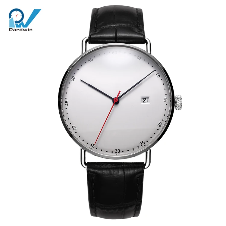 watch automatic bauhaus design stainless steel case domed sapphire crystal genuine leather strap