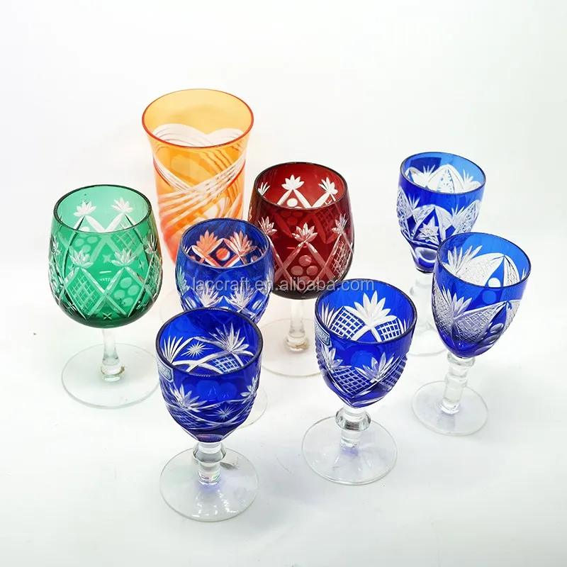 Bohemian Czech Bronze Red Overlay Hand Cut Glass Wine Goblet Stemware