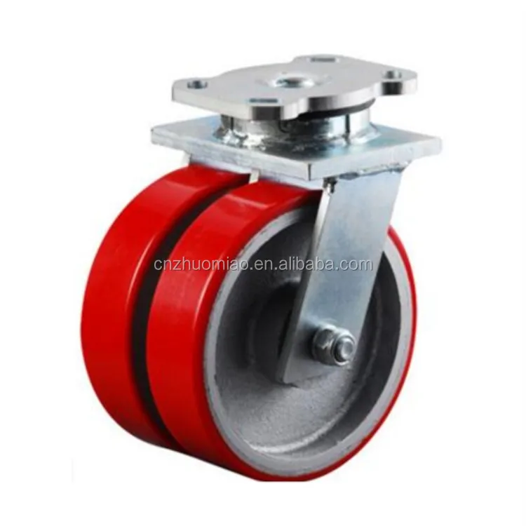 Heavy Duty Fixed Type Double Ball Red PU Wheel Caster 7000KG load 305mm twin fixed PU with iron core caster wheels wholesale