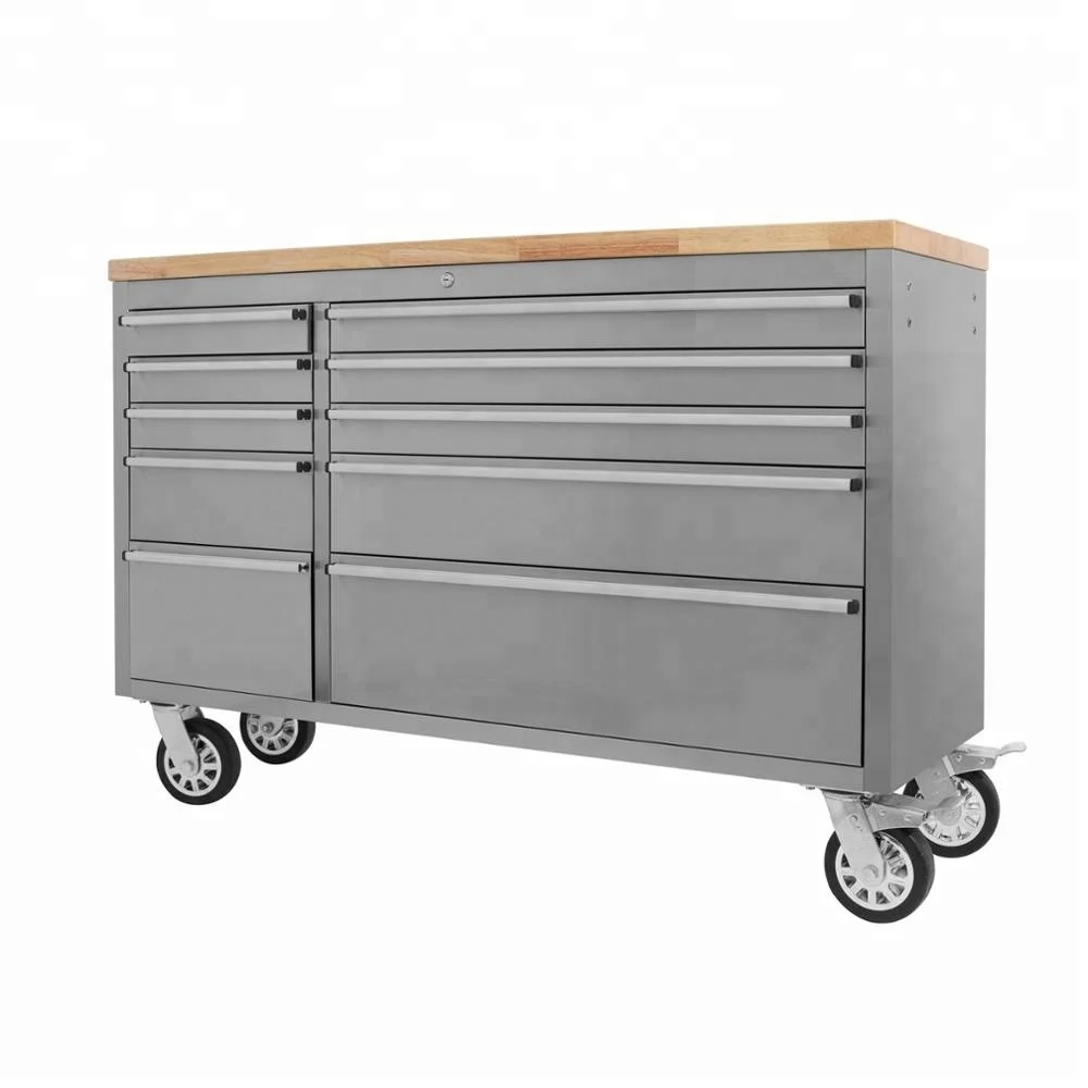 55 дюймов, нержавеющая сталь, 10 выдвижных ящиков, рабочая скамья, ящик для инструментов, нагрудный шкаф с деревянной крышкой
