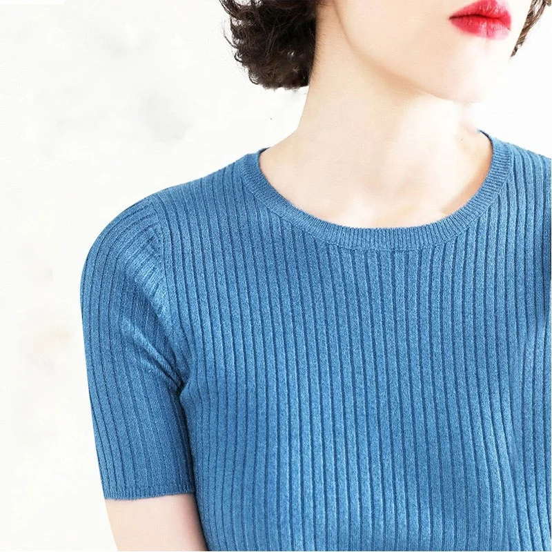 
New thin section round neck sweater short sleeve female Slim Korean version loose lazy knit bottoming shirt large size 