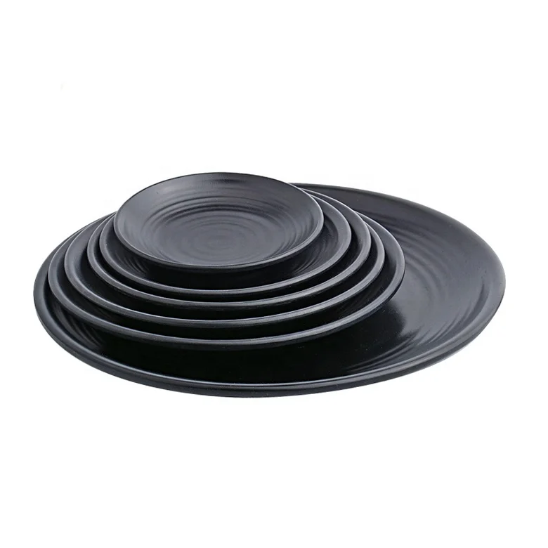 10 inch OEM japanese korean restaurant style matt black unbreakable plastic melamine round plate black color camp dish