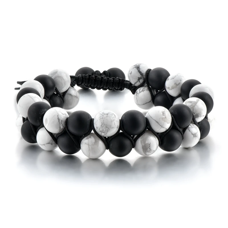 Белые бусины Howlite плетеные с черным матовым ониксом натуральный камень ручной работы Регулируемый браслет ювелирные изделия